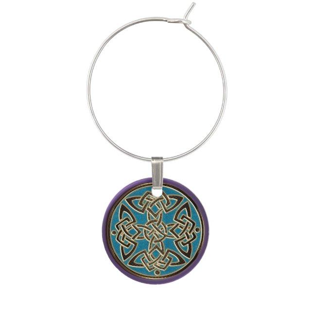 Purple Turquoise Gold Celtic Dara Knot Wine Charm (Front)