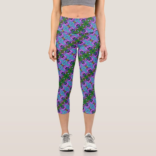 Purple Turquoise Green Abstract Design   Capri Leggings (Front)