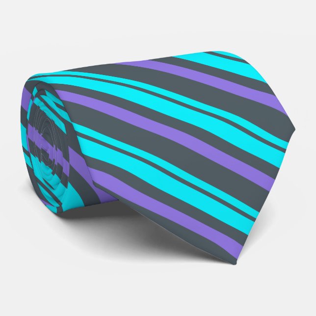 Purple Turquoise Grey Stripes Neck Tie (Rolled)