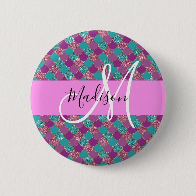 Purple Turquoise Mermaid Glitter Sparkles Monogram Button (Front)
