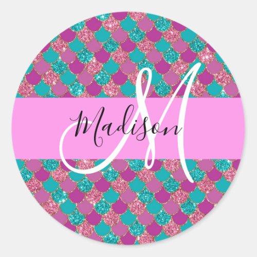 Purple Turquoise Mermaid Glitter Sparkles Monogram Classic Round Sticker