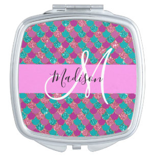 Purple Turquoise Mermaid Glitter Sparkles Monogram Compact Mirror