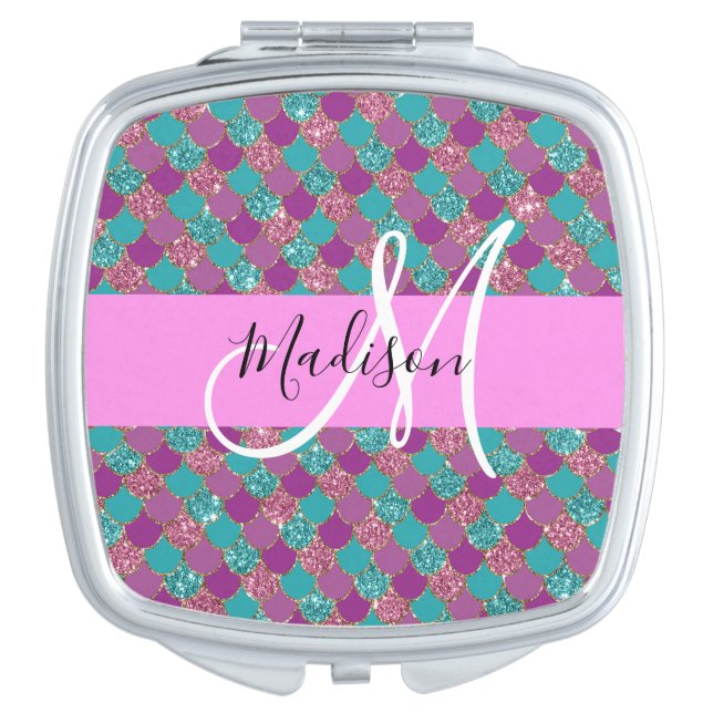 Purple Turquoise Mermaid Glitter Sparkles Monogram Compact Mirror (Front)