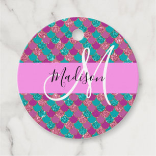 Purple Turquoise Mermaid Glitter Sparkles Monogram Favor Tags