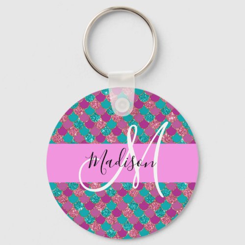 Purple Turquoise Mermaid Glitter Sparkles Monogram Keychain