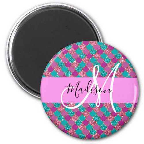 Purple Turquoise Mermaid Glitter Sparkles Monogram Magnet