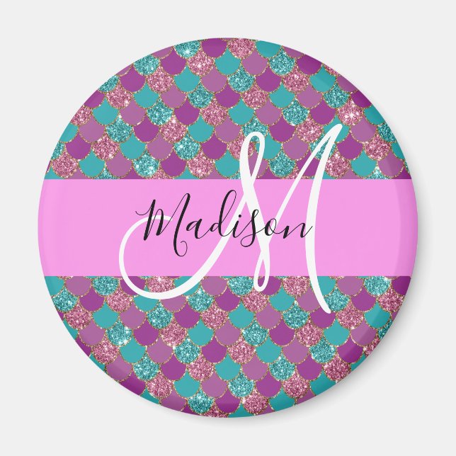 Purple Turquoise Mermaid Glitter Sparkles Monogram Magnet (Front)