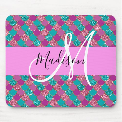 Purple Turquoise Mermaid Glitter Sparkles Monogram Mouse Pad