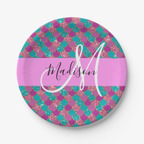 Purple Turquoise Mermaid Glitter Sparkles Monogram Paper Plates