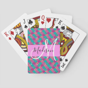 Purple Turquoise Mermaid Glitter Sparkles Monogram Poker Cards