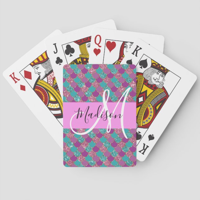 Purple Turquoise Mermaid Glitter Sparkles Monogram Poker Cards (Back)