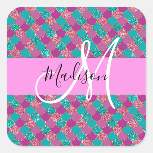 Purple Turquoise Mermaid Glitter Sparkles Monogram Square Sticker