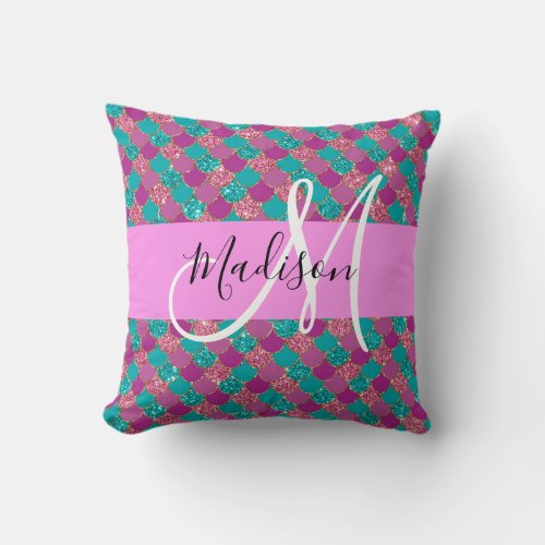 Purple Turquoise Mermaid Glitter Sparkles Monogram Throw Pillow