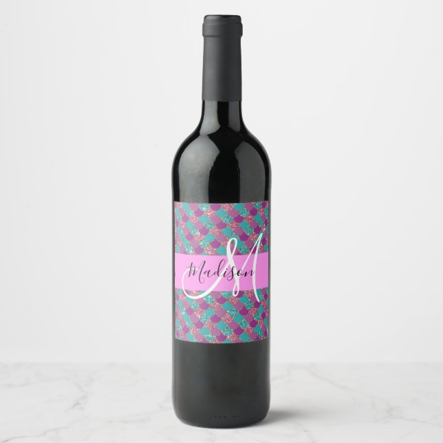 Purple Turquoise Mermaid Glitter Sparkles Monogram Wine Label (Front)