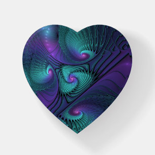 Purple Turquoise Modern Abstract Fractal Art Heart Paperweight