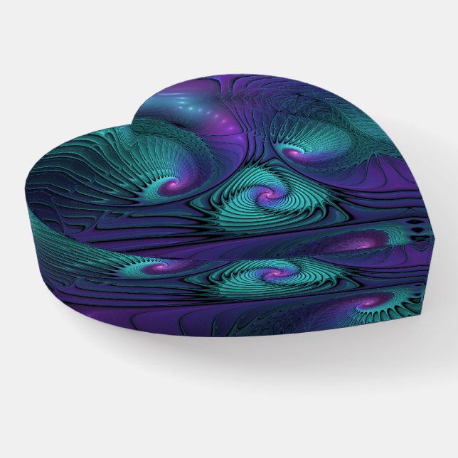 Purple Turquoise Modern Abstract Fractal Art Heart Paperweight (Angled)