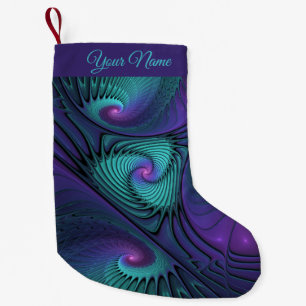 Purple Turquoise Modern Abstract Fractal Art Name Small Christmas Stocking