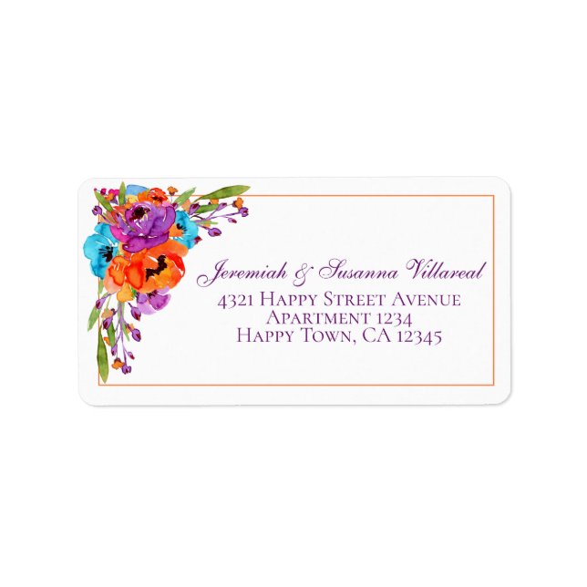 Purple Turquoise Orange Floral Frame Watercolor Label (Front)