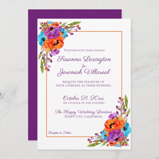 Purple Turquoise Orange Floral Watercolor Wedding Invitation (Front/Back)