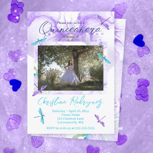 Purple, Turquoise Orchid, Dragonflies Quinceanera Invitation