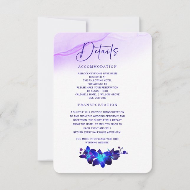 Purple Turquoise Orchid Wedding Details Card (Front)