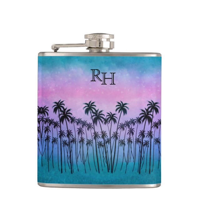 Purple-turquoise Palmtrees Hip Flask (Front)