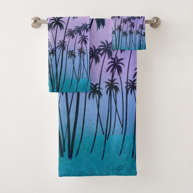 Purple-turquoise PalmTrees with or without Initial Bath Towel Set (Insitu)