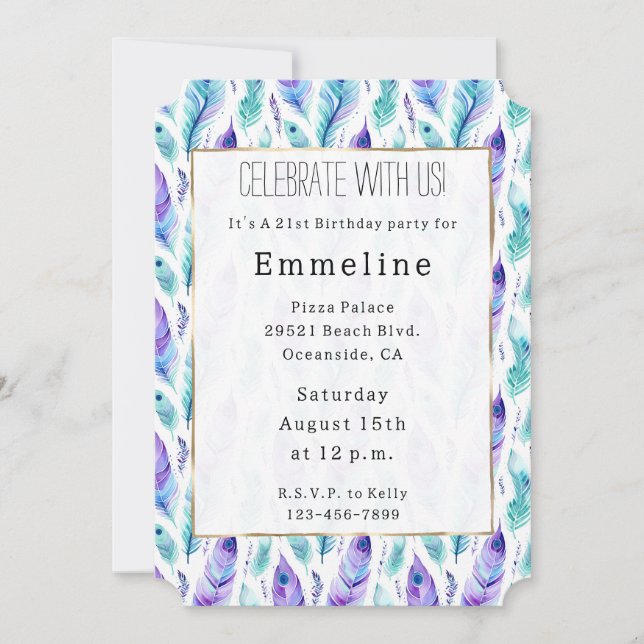 Purple Turquoise Peacock Feathers Invitation (Front)