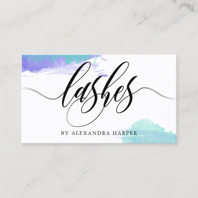 Purple & Turquoise Smudges Calligraphy Lash Artist Business Card (Front)