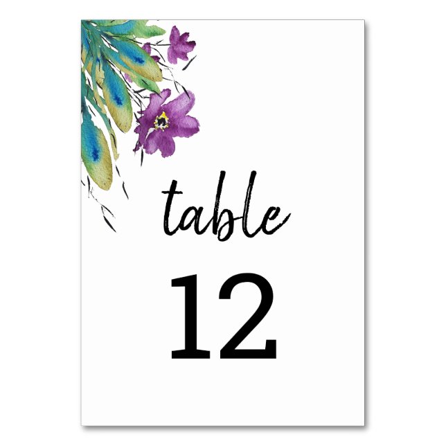 Purple Turquoise Wildflowers Watercolor Art Table Number (Front)