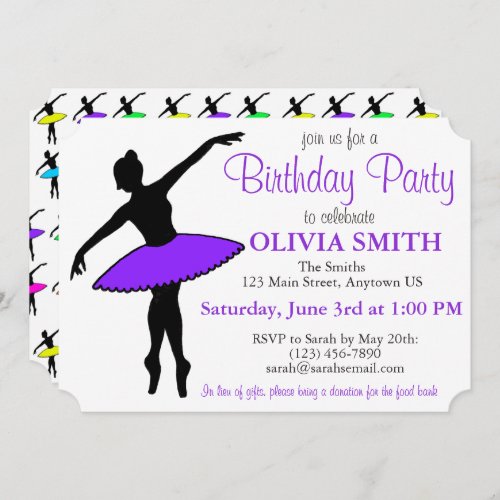 Purple Tutu Ballerina Ballet Dancer Birthday Party Invitation