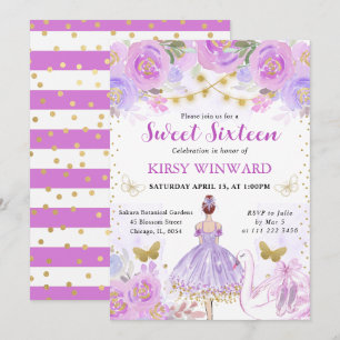 Purple Tutu Red Hair Ballerina Sweet 16 Invitation