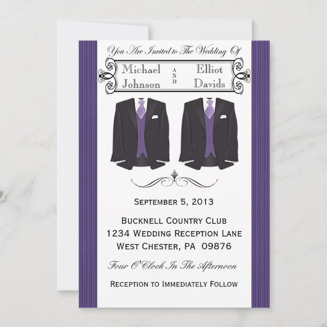 Purple Tuxedo Gay Wedding Invitations (Front)
