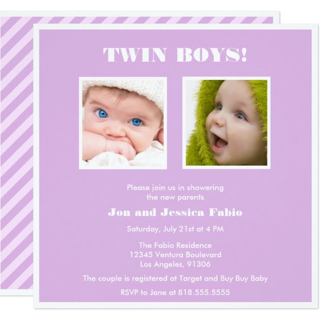 Purple Twin Boys Announcement Invitation