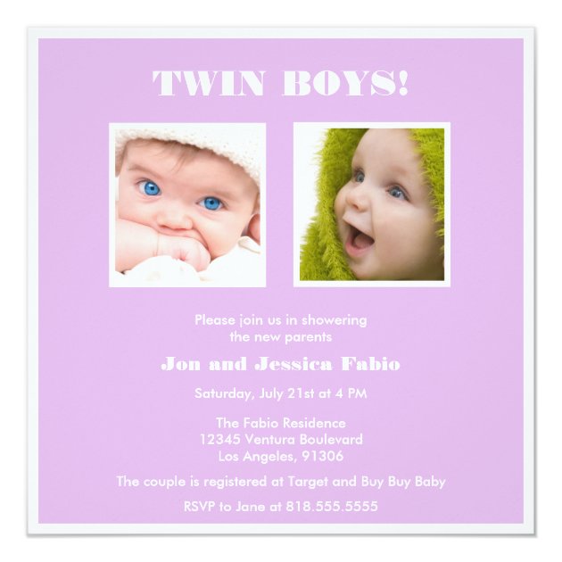 Purple Twin Boys Announcement Invitation
