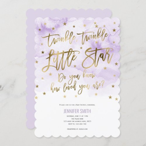Purple Twinkle Stars  Watercolor Baby Girl Invitation