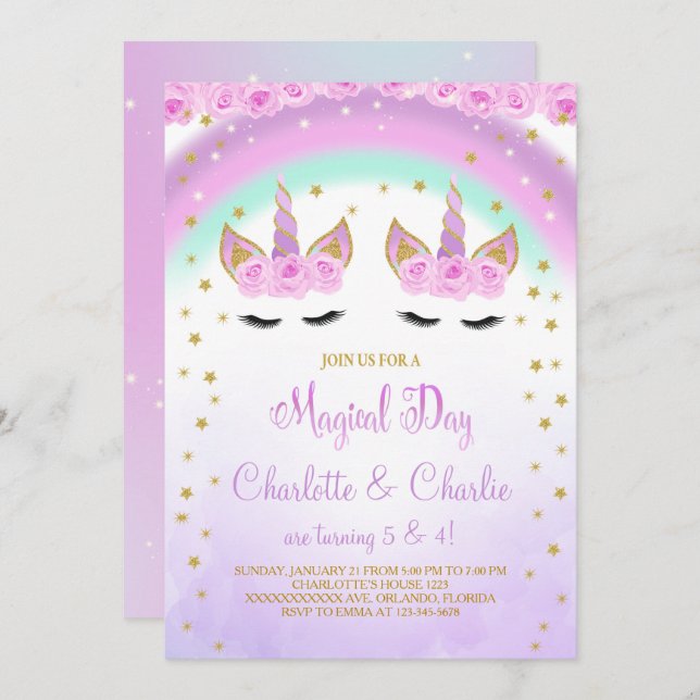Purple Twins Unicorn Birthday Invite (Front/Back)