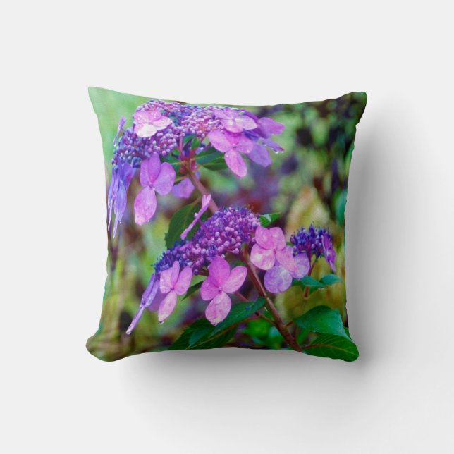 Purple Twist and Shout Hydrangea Flower Throw Pillow (Front)