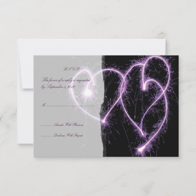 Purple Two Hearts Sparklers Wedding RSVP Card (Front)
