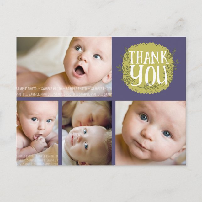 Purple Typography Photo Baby Thank You Post Card (Front)