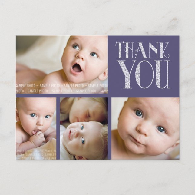 Purple Typography Photo Baby Thank You Post Card (Front)