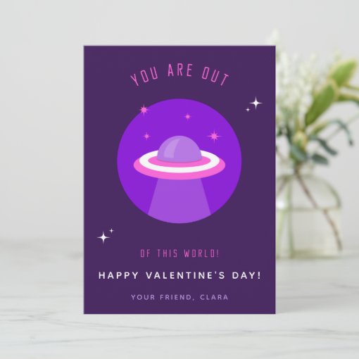 Purple UFO Spaceship Kids Class Valentine's Day Holiday Card | Zazzle