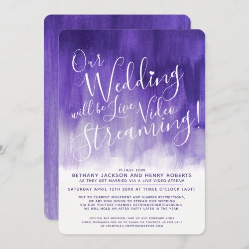Purple ultra violet art live streaming wedding invitation
