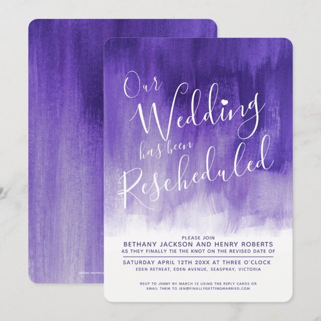 Purple ultra violet art rescheduled wedding invitation (Front/Back)