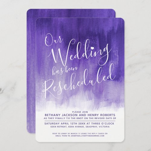 Purple ultra violet art rescheduled wedding invitation