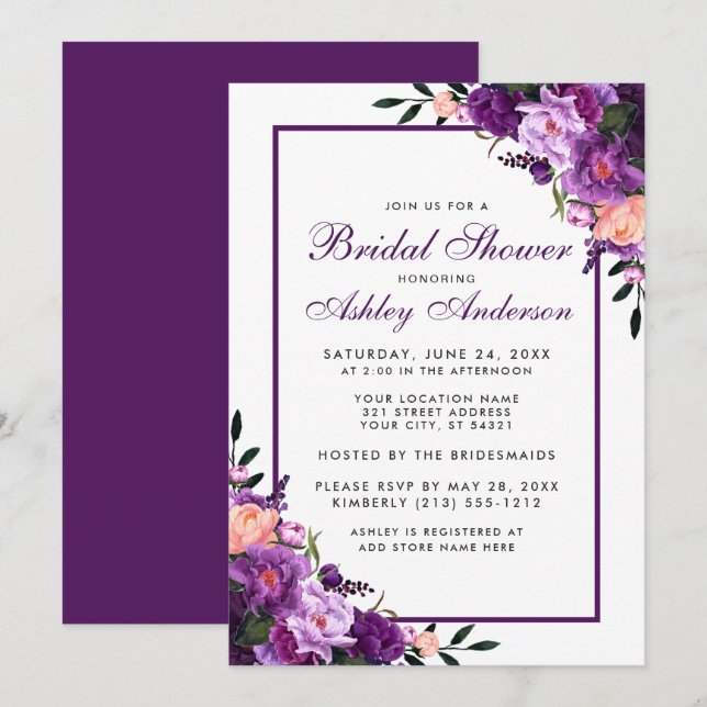 Purple Ultra Violet Floral Bridal Shower Invite PF (Front/Back)