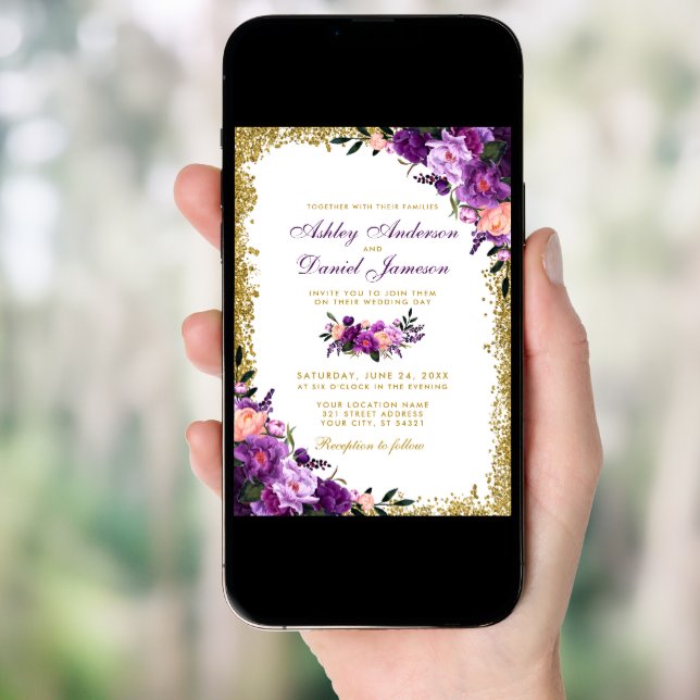 Purple Ultra Violet Floral Gold Glitter Wedding Invitation (Front Digital)