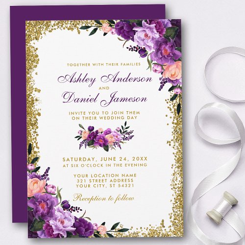 Purple Ultra Violet Floral Gold Glitter Wedding Invitation