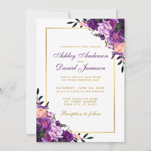 Purple Ultra Violet Floral Gold Wedding Invitation (Front)
