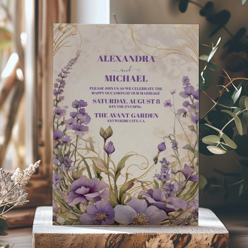 Purple Ultra Violet Floral Gold Wedding  Invitation